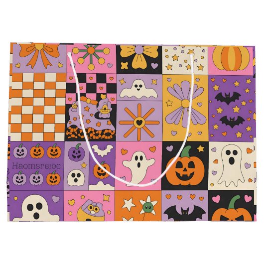Halloween Patchwork Pattern – Feestelijke Pleinen Groot Cadeauzakje (Achterkant)