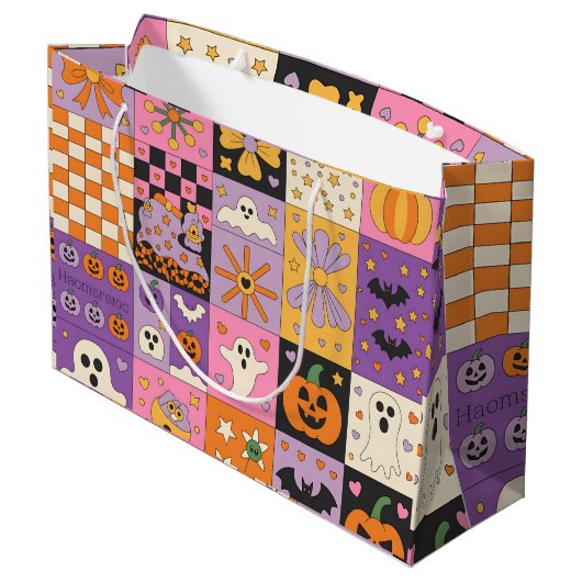 Halloween Patchwork Pattern – Feestelijke Pleinen  Groot Cadeauzakje (Achterkant Gekanteld)