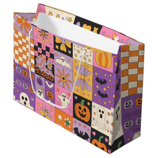 Halloween Patchwork Pattern – Feestelijke Pleinen  Groot Cadeauzakje (Voorkant Gekanteld)