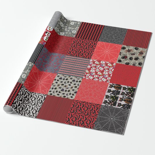 Halloween Patchwork Red, Gray and Black Cadeaupapier (Uitgerold)