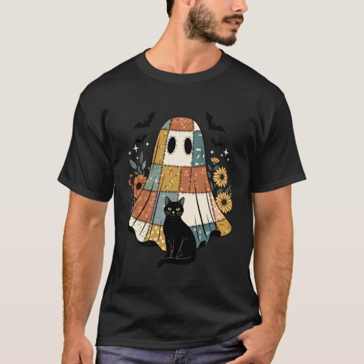 Halloween Patchwork Spook Zwarte Kat Bloemrijk Vle T-shirt (Voorkant)