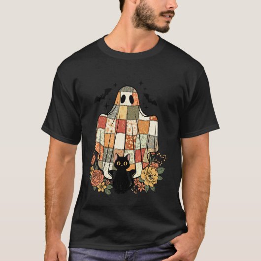 Halloween Patchwork Spook Zwarte Kat Mooie Bloem S T-shirt (Voorkant)