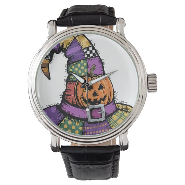 Halloween Patchwork Witch Pet Spooky Horloge (Voorkant)