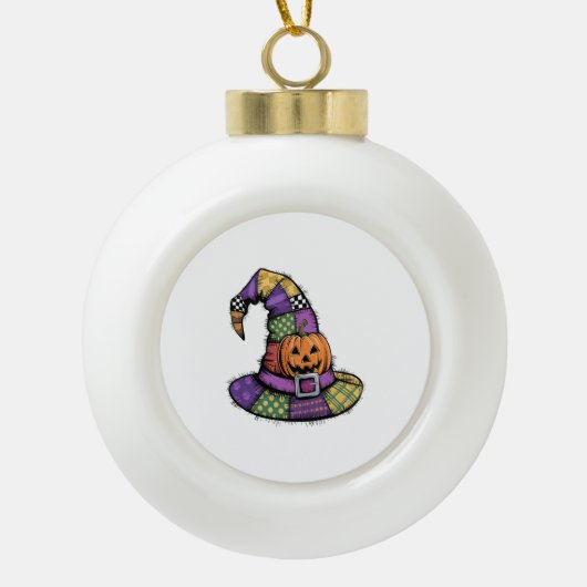 Halloween Patchwork Witch Pet Spooky Keramische Bal Ornament (Voorkant)