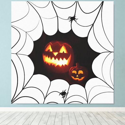 Halloween patroon met pompoenen en spinnen canvas afdruk (Insitu (Houten vloer))