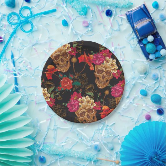 Halloween patroon, schedels, rozen, gothic, zwart, papieren bordje (Feest)