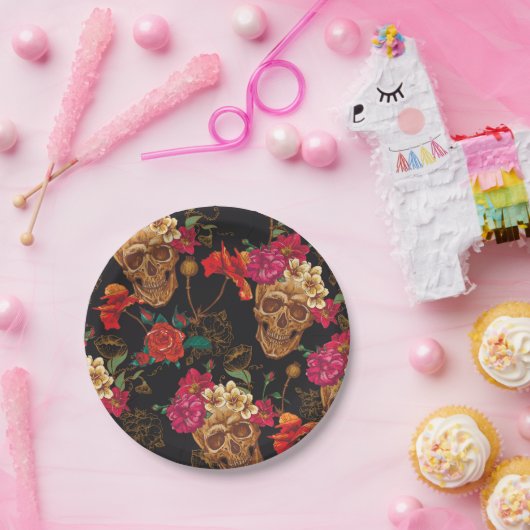 Halloween patroon, schedels, rozen, gothic, zwart, papieren bordje (Feest)