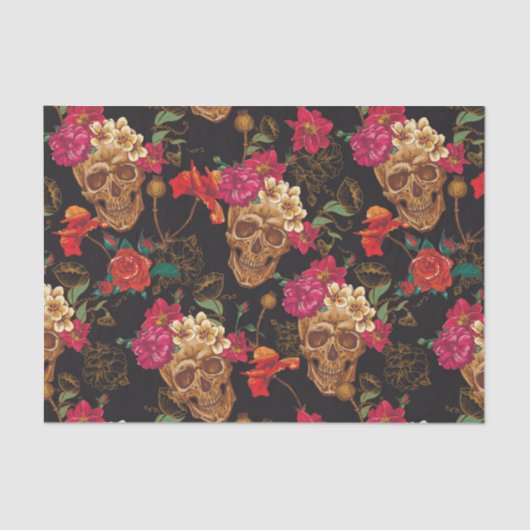 Halloween patroon, schedels, rozen, gothic, zwart, tissuepapier (Voorkant)