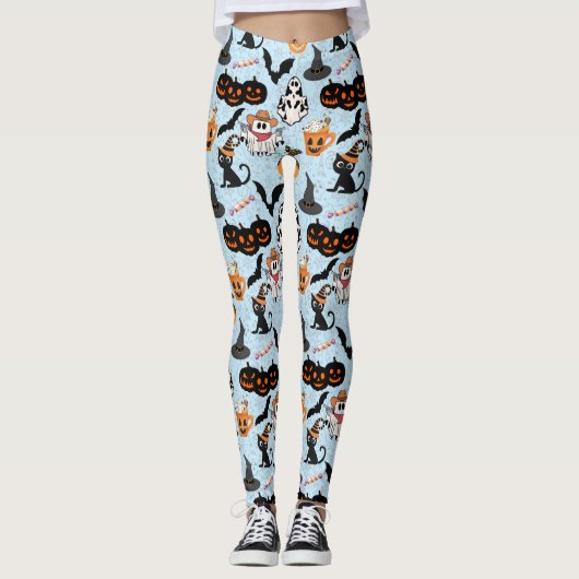 Halloween patroon. Spooky en schattig L Blue BG Leggings (Voorkant)