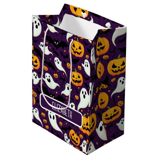 Halloween Pattern Bats Pumpkin Ghost Snoep Party Medium Cadeauzakje (Voorkant Gekanteld)
