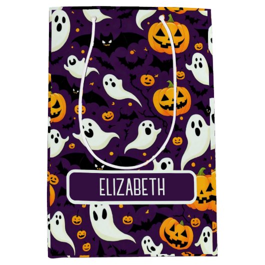 Halloween Pattern Bats Pumpkin Ghost Snoep Party Medium Cadeauzakje (Voorkant)