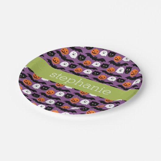 Halloween Pattern - Cute Bat Cat Pumpkin Ghost Papieren Bordje (Gekanteld)