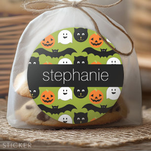 Halloween Pattern - Cute Bat Cat Pumpkin Ghost Ronde Sticker