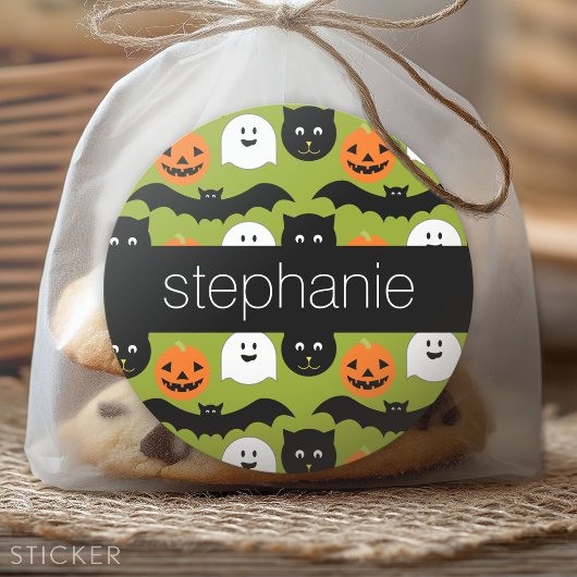 Halloween Pattern - Cute Bat Cat Pumpkin Ghost Ronde Sticker