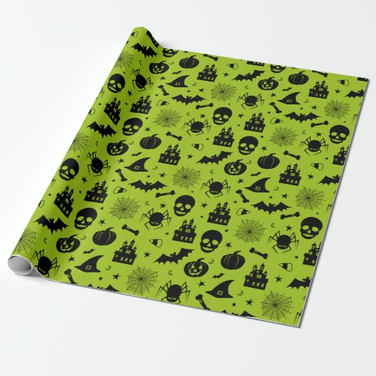 Halloween Pattern Green en Black Cadeaupapier (Uitgerold)