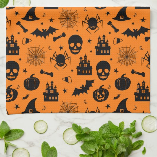 Halloween Pattern Oranje en Black Theedoek (Gevouwen)