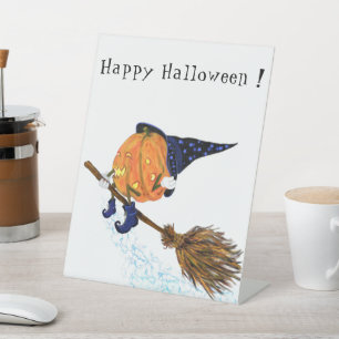 Halloween Pedestal Sign Witch Pumpkin Flying Broom Reclamebord Met Voetstuk