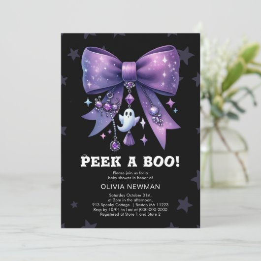 Halloween Peek A Boo Paarse Bow Baby shower Kaart (Staand voorkant)