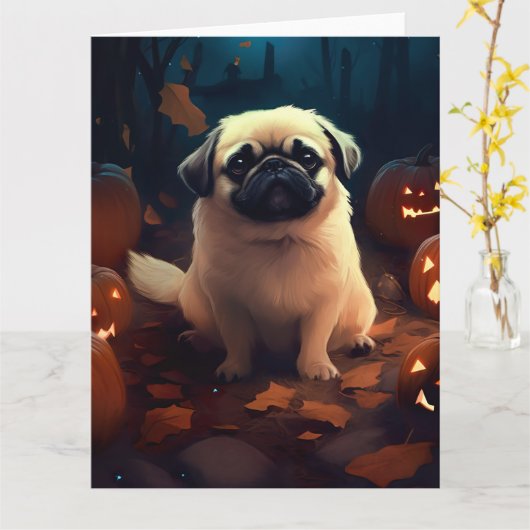 Halloween Pekingese with Pumpkins Scary Kaart (Gele Bloem)