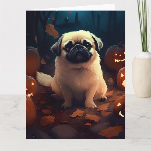 Halloween Pekingese with Pumpkins Scary Kaart (Voorkant)