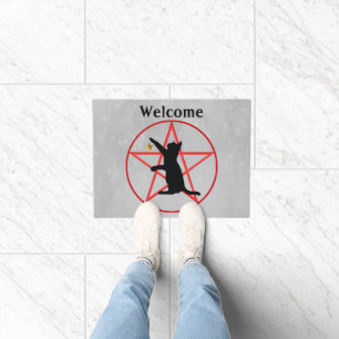 Halloween Pentagram Cirkel Met Zwarte Kat Grijs Deurmat