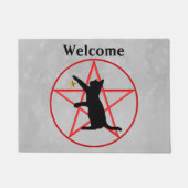 Halloween Pentagram Cirkel Met Zwarte Kat Grijs Deurmat (Voorkant)