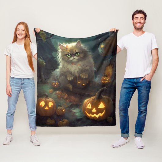 Halloween Persian Kat met pompoenen eng Fleece Deken (In situ)