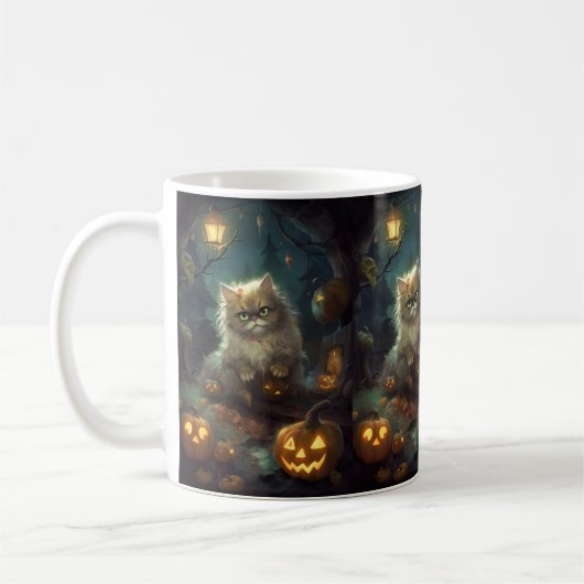 Halloween Persian Kat met pompoenen eng Koffiemok (Links)
