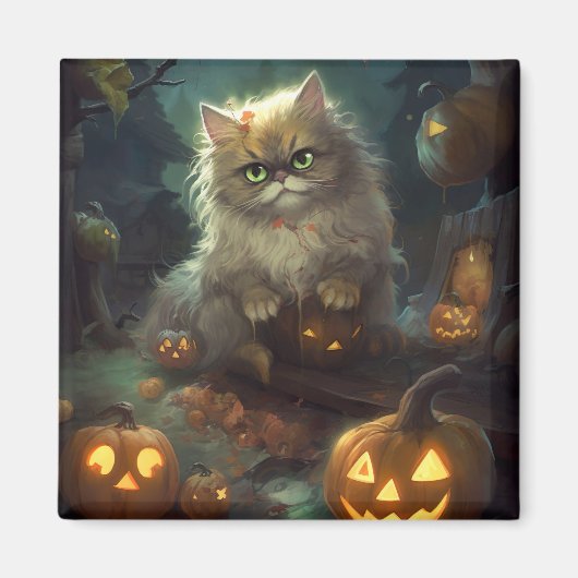 Halloween Persian Kat met pompoenen eng Magneet (Voorkant)