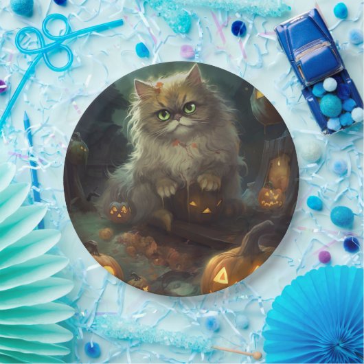 Halloween Persian Kat met pompoenen eng Papieren Bordje (Feest)
