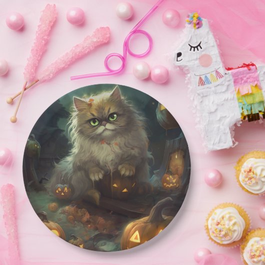 Halloween Persian Kat met pompoenen eng Papieren Bordje (Feest)