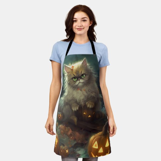 Halloween Persian Kat met pompoenen eng Schort (Gedragen)