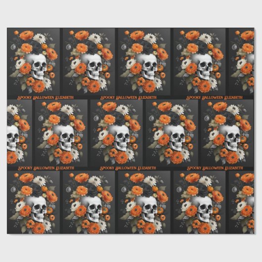 Halloween Personaliseer Naam Gotische Schedel & Bl Cadeaupapier (Vlak)