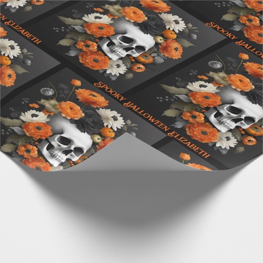 Halloween Personaliseer Naam Gotische Schedel & Bl Cadeaupapier (Hoek)