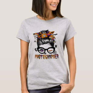 Halloween Photographer Messy Bun Hair Cool T-shirt