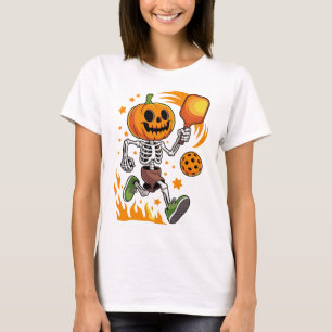Halloween Pickleball Pompoen Skelet Sport Kunst T-shirt