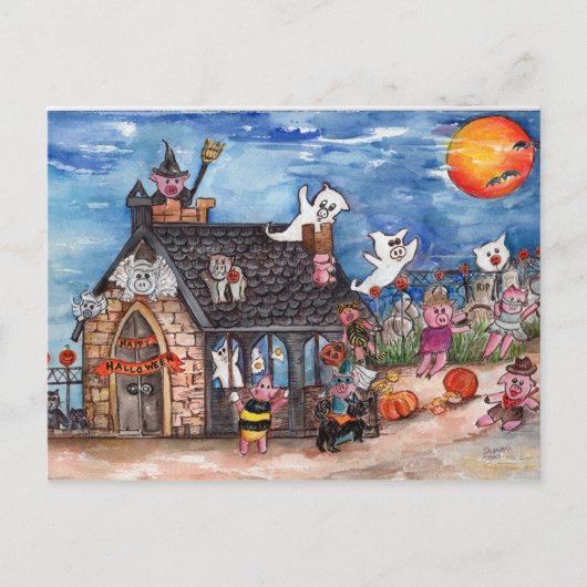 Halloween Pigs Trick or treat, Ghosts waterverf Briefkaart (Voorkant)