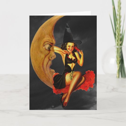 Halloween Pin-Up Girl Witch op Moon Wenskaart Kaart (Voorkant)