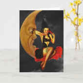 Halloween Pin-Up Girl Witch op Moon Wenskaart Kaart (Gele Bloem)