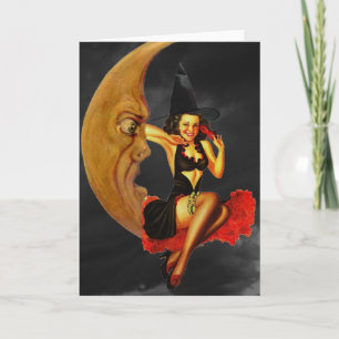 Halloween Pin-Up Girl Witch op Moon Wenskaart Kaart