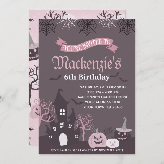 Halloween Pink and Black Invitation Kaart (Voorkant / Achterkant)