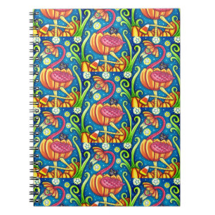 HALLOWEEN PINK FLAMINGO & BLACK CAT IN PUMPKIN, NOTITIEBOEK