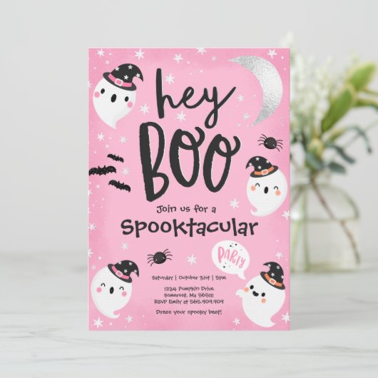 Halloween Pink Ghost Kinder Spooktacular Party Kaart (Staand voorkant)