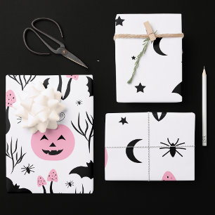 Halloween Pink Pumpkin Bat Moon Star Spider Party Inpakpapier Vel