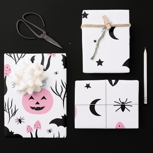 Halloween Pink Pumpkin Bat Moon Star Spider Party Inpakpapier Vel