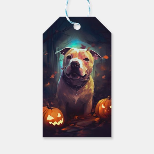 Halloween Pitbull met pompoenen eng Cadeaulabel (Voorkant)