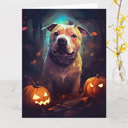 Halloween Pitbull met pompoenen eng Kaart (Gele Bloem)
