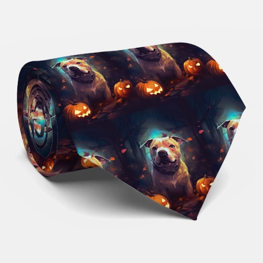 Halloween Pitbull met pompoenen eng Stropdas (Opgerold)
