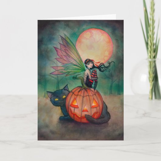 Halloween Pixie Elf en Zwarte Kat Fantasie Kunst Kaart (Voorkant)