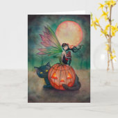Halloween Pixie Elf en Zwarte Kat Fantasie Kunst Kaart (Gele Bloem)
